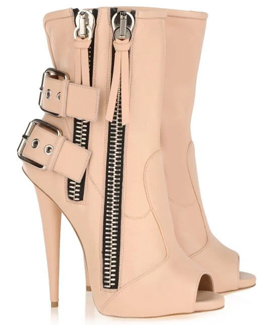 Summer style Women's fashion Cheap price nude black open toe double zipper spike heel booties buckle strap graceful dress shoes