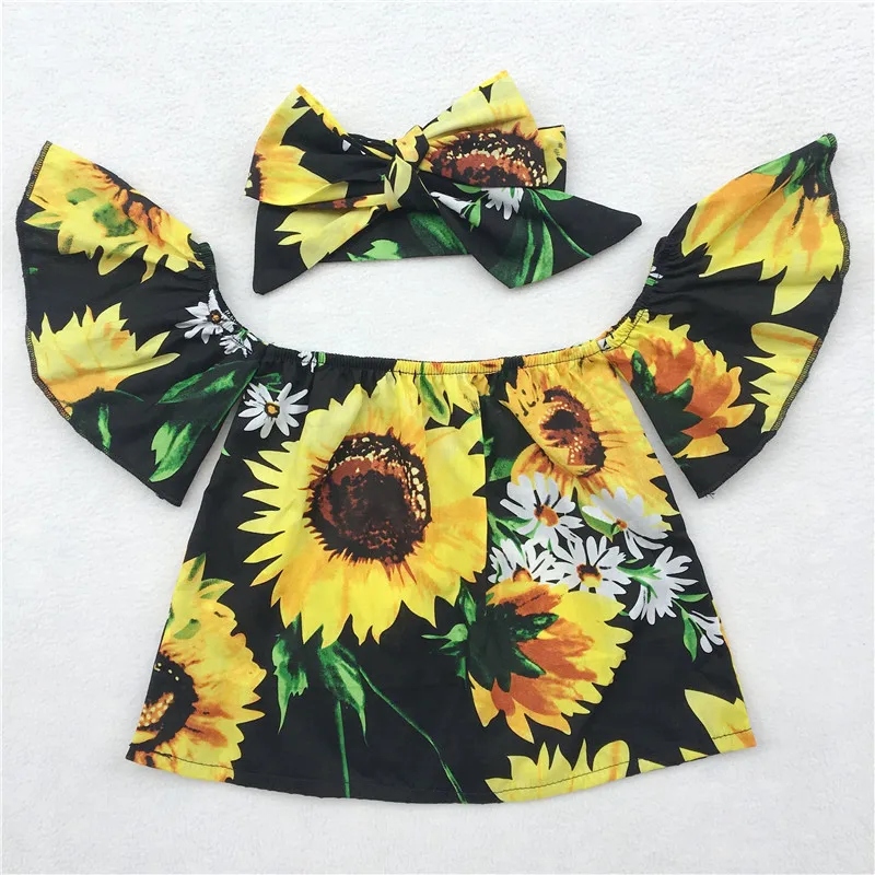 Lovely Toddler Baby Clothes Girls Floral Ruffle Butterfly Sleeves Tops Shirt Cotton Outfits Top+Handband 2pcs | Детская одежда и