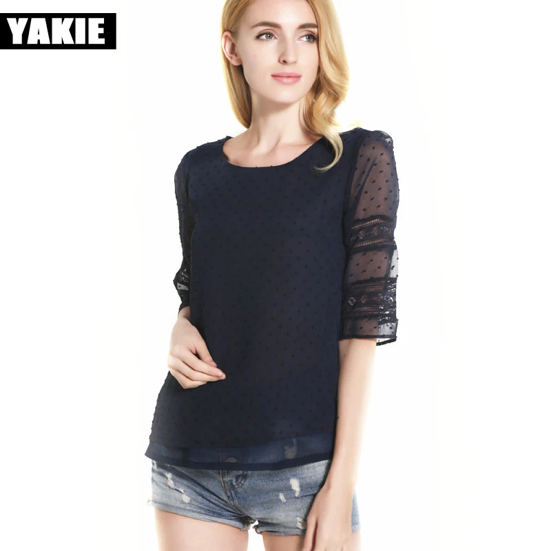 Женская шифоновая блузка с кружевом голубая или белая элегантная офисная тремя