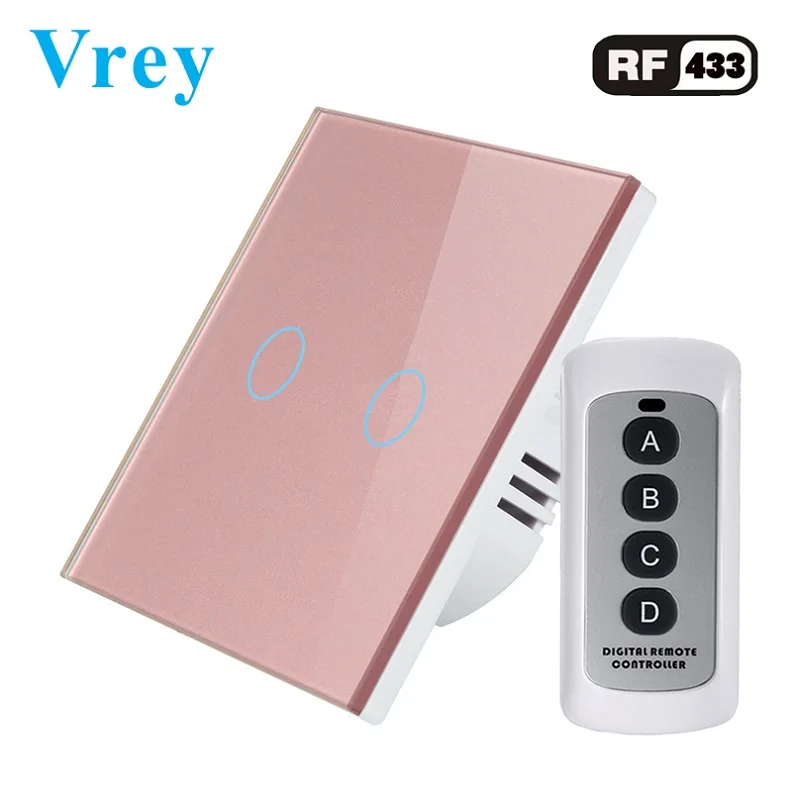 VR-RF-02 Pink Стандартный сенсорный выключатель Vrey EU, 2 комплекта, односторонний светильник с экраном, интеллектуальный пульт дистанционного управления, настенный выключатель из закаленного стекла, Хрустальная панель - Цвет: VR-RF-02 Pink