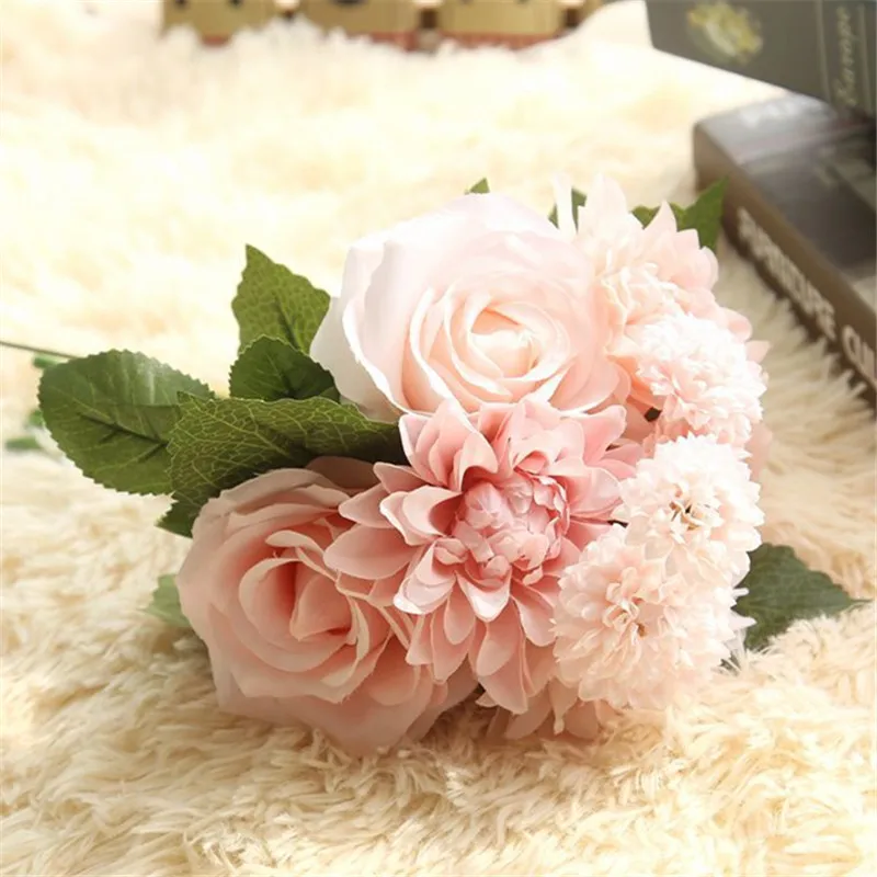 Silk Bride Bouquet Cream and baby Pink Roses Peonies Wildflowers Natural Vintage Artificial roses flowers | Дом и сад