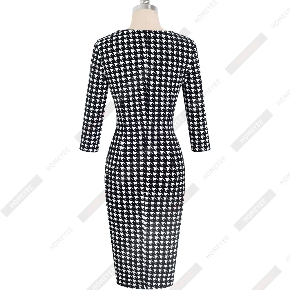 Women Elegant Houndstooth office lady Dress Casual Fitted sheath bodycon Pencil Dress EB543