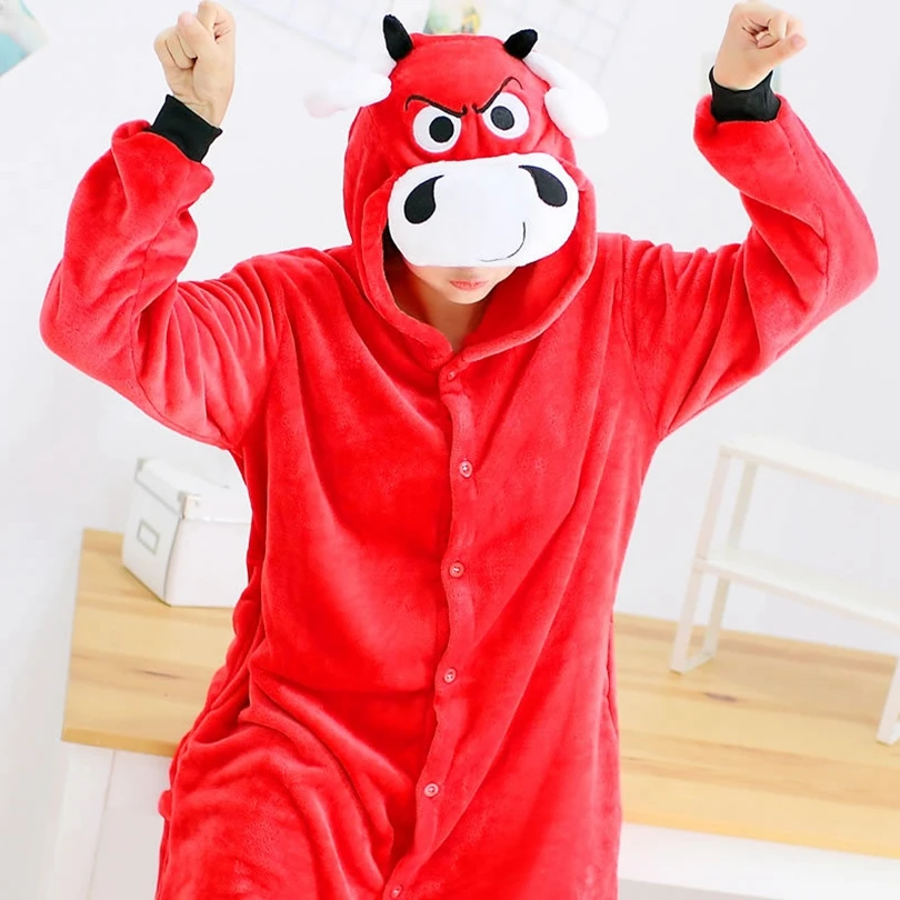 OX Bull Kigurumi Onesie Adult Women Animal Pajamas Suit Flannel Warm Soft Sleepwear Onepiece Winter Warm Pijama Cosplay