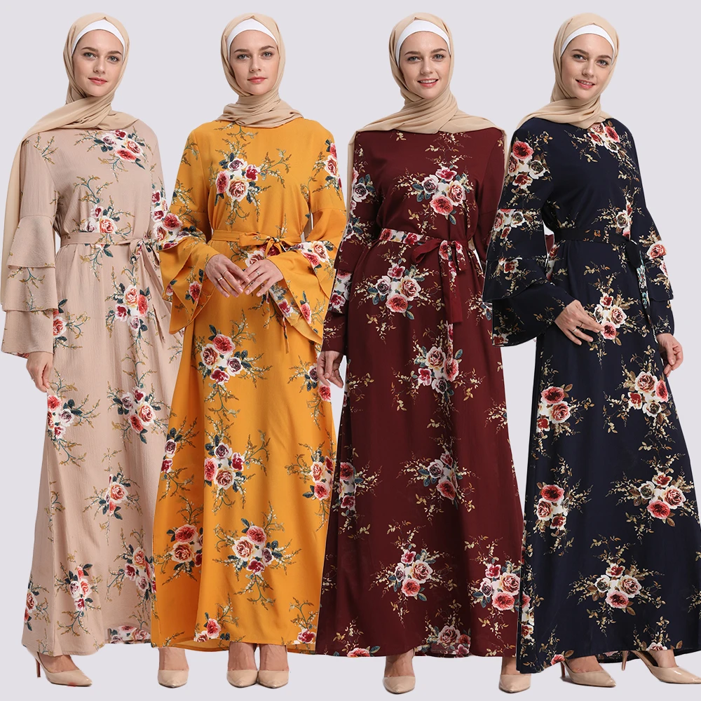 

Floral Abaya Flare Sleeve Muslim Hijab Dress Long Maxi Robe Dubai Kaftan Kimono Ramadan Prayer Clothes Turkish Islamic Clothing
