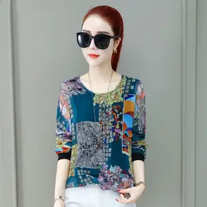 Блузка женская шифоновая с цветочным принтом, модная Повседневная Туника с расклешенным длинным рукавом, DF2595, на лето