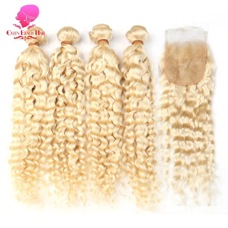 QUEEN honey Blonde 613 цвет уток малазийские пучки вьющихся волос с закрытием Remy