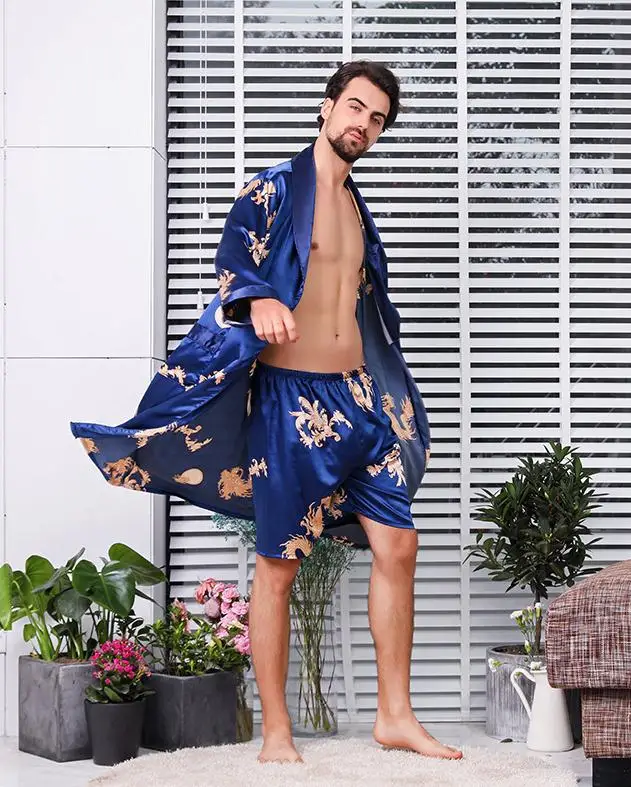 long sleeve robe set Черный костюм из двух предметов, мужской шелковый халат с драконом, очень большой 5XL халат с драконами, Мужской Атласный халат, шелковое кимоно для мужчин - Цвет: long sleeve robe set