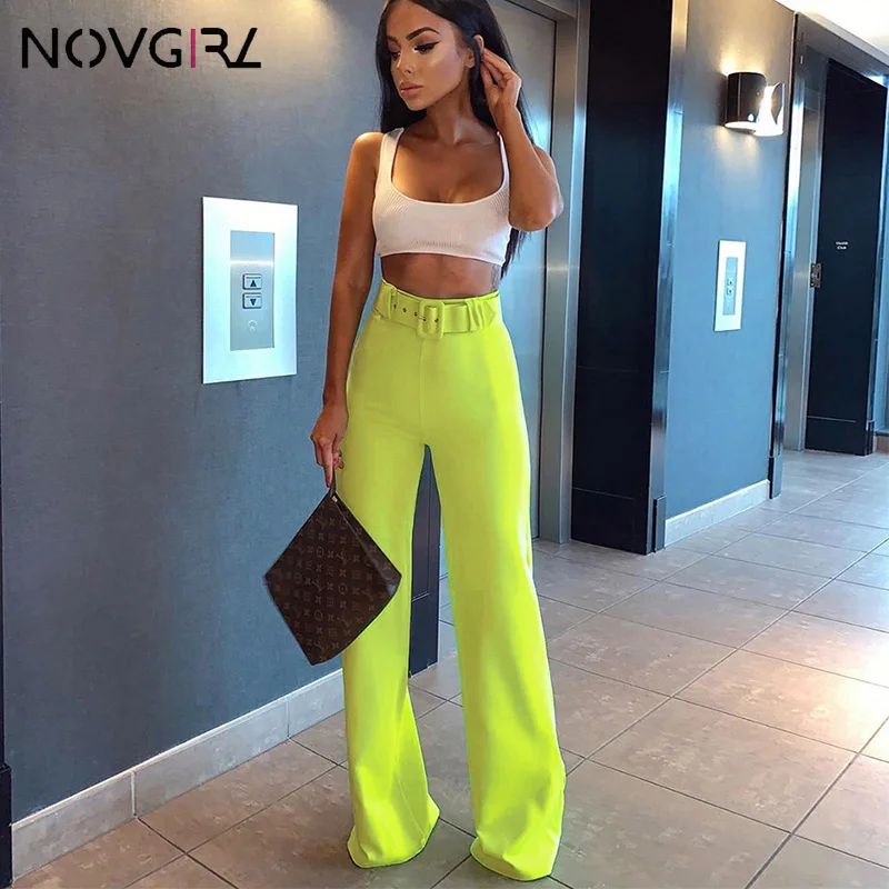 Novgirl/женские прямые длинные неоновые зеленые черные брюки с поясом, расклешенные брюки с высокой талией, Летние повседневные свободные штаны OL