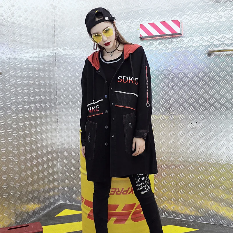 Max LuLu Luxury Japanese Designer Ladies Embroidery Streetwear Womens Hooded Long Denim Trench Coat Woman Punk Clothes Plus Size