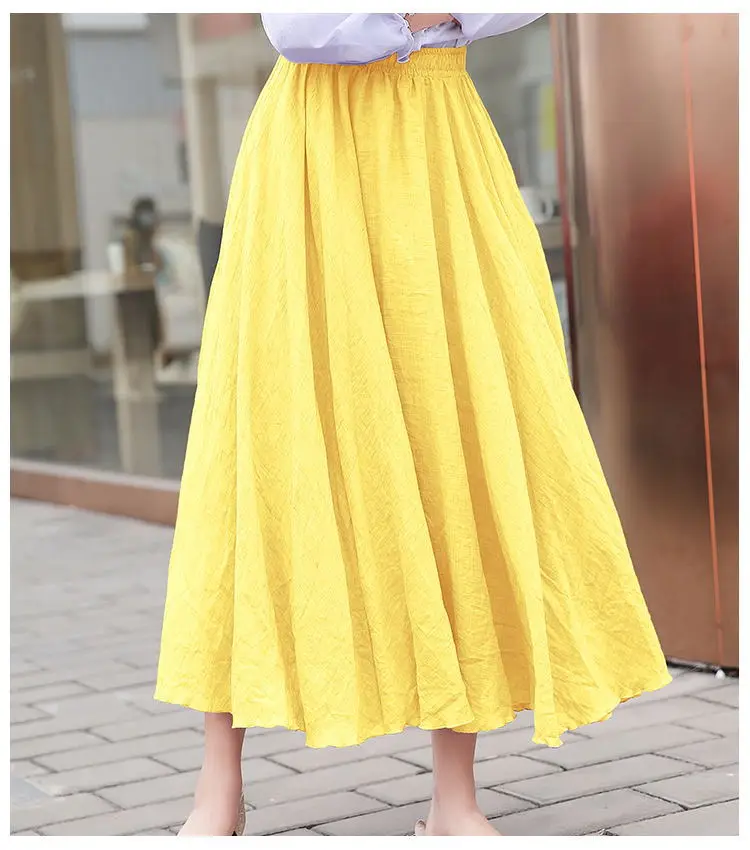 Yellow Макси юбки женские летние модные однотонные эластичные Высокая талия женские Falda оборками Хлопок Лен длинная юбка faldas mujer moda - Цвет: Yellow