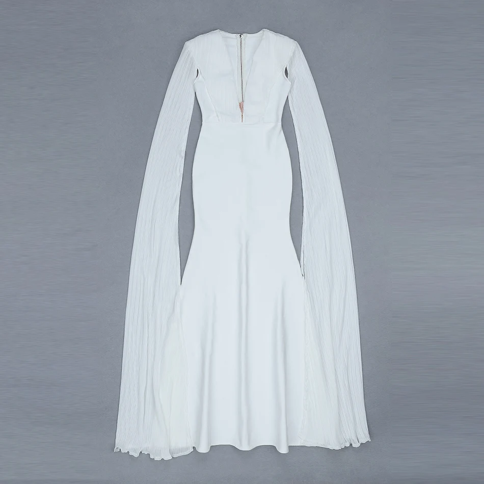 Женское платье с длинным рукавом Белое Облегающее и глубоким вырезом вечернее