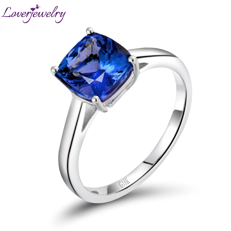 Кольцо из белого золота 18 карат с натуральным синим танзанитом|tanzanite engagement ring|cushion