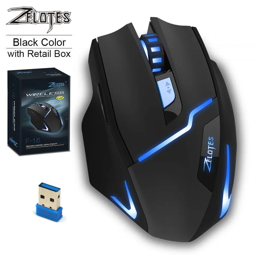 ZELOTES F16, беспроводная мышь, игровые мыши, 2,4 ГГц, оптические, 2400 dpi, офисные игровые мыши с usb-приемником для компьютера, ПК, ноутбука - Цвет: Black with RetailBox