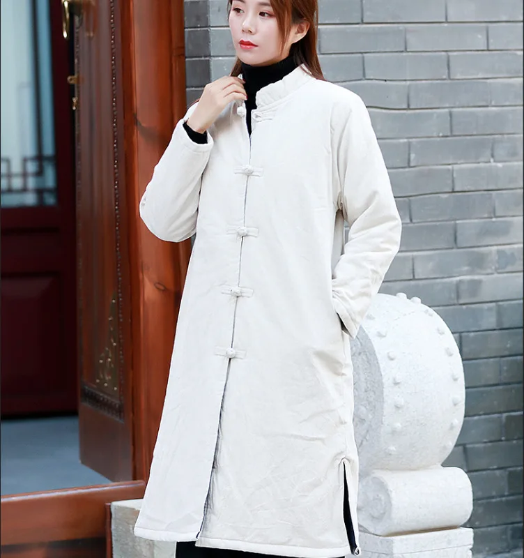 2018 women Winter long outwear chinese style vintage Coat thicken stand collar plate button cotton-padded jackets linen overcoat | Женская