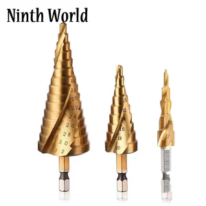 HSS Titanium Coated Spiral Step Drill Bit Set 4-12/4-20/4-32mm 1/4-Inch hex Shank Drive Quick Change Woodworking Punching Tools