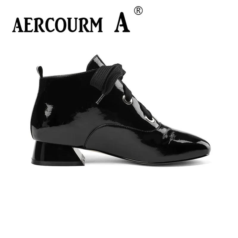 Aercourm A/ г. осенние женские ботильоны на низком каблуке черные ботиночки с декоративной лентой Короткие Плюшевые ботинки блестящие туфли из лакированной кожи Размер 34-43