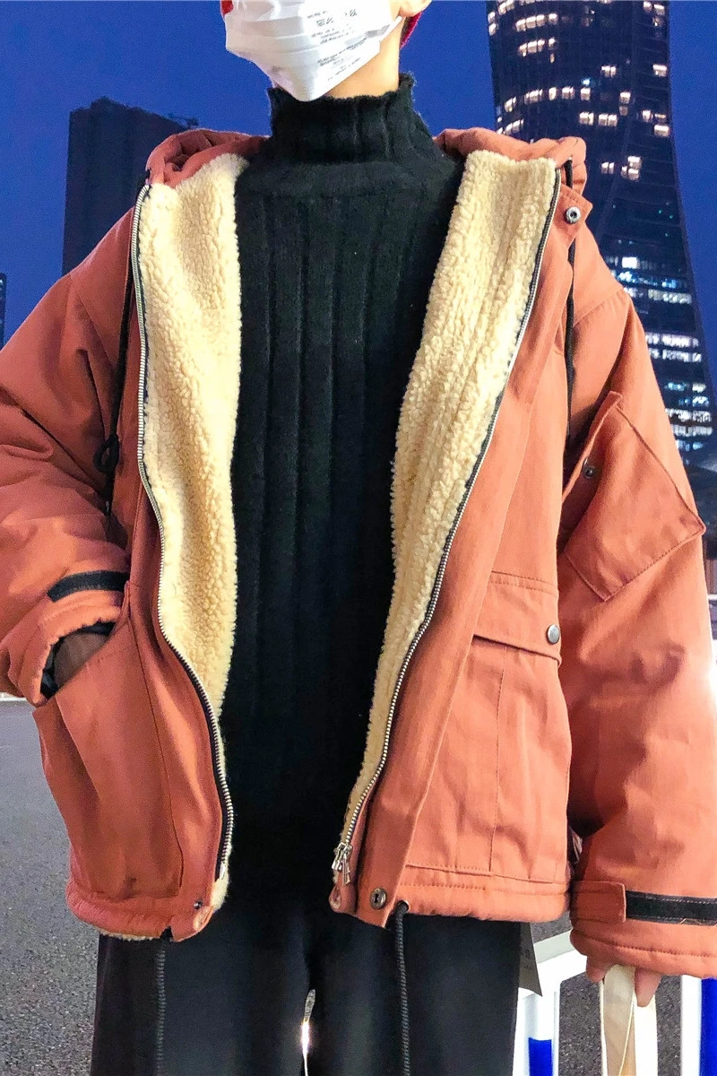 

Winter coat Men's Port Wind Lamb wool with fleece and thicker winter clothes Korean version of loose cotton clothes to keep