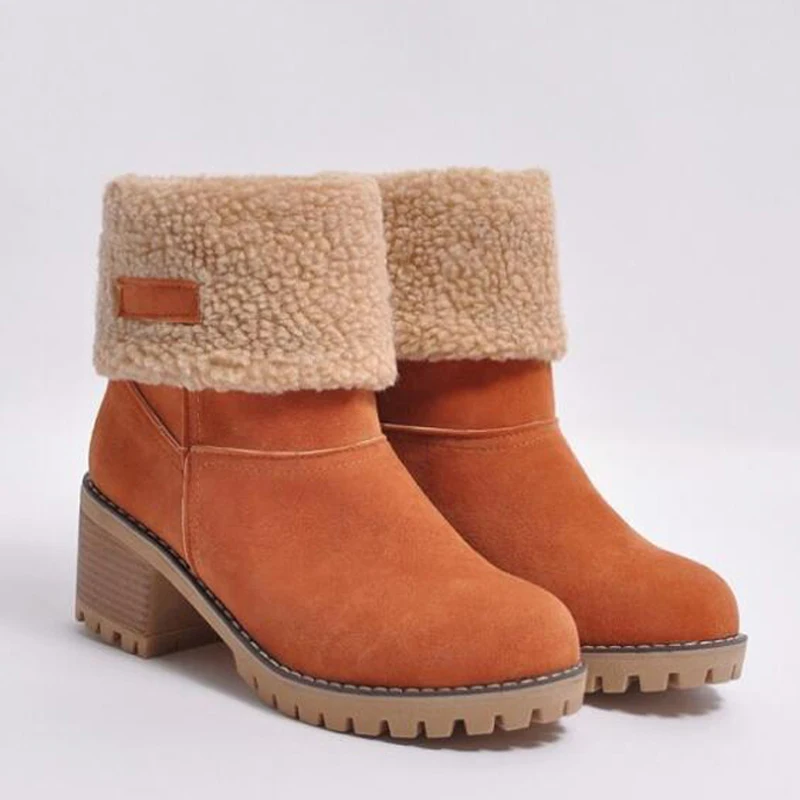 Women ankle boots 2020 Winter Shoes Woman Snow Boots with fur Square Heels flock platform big size 35-43 | Обувь