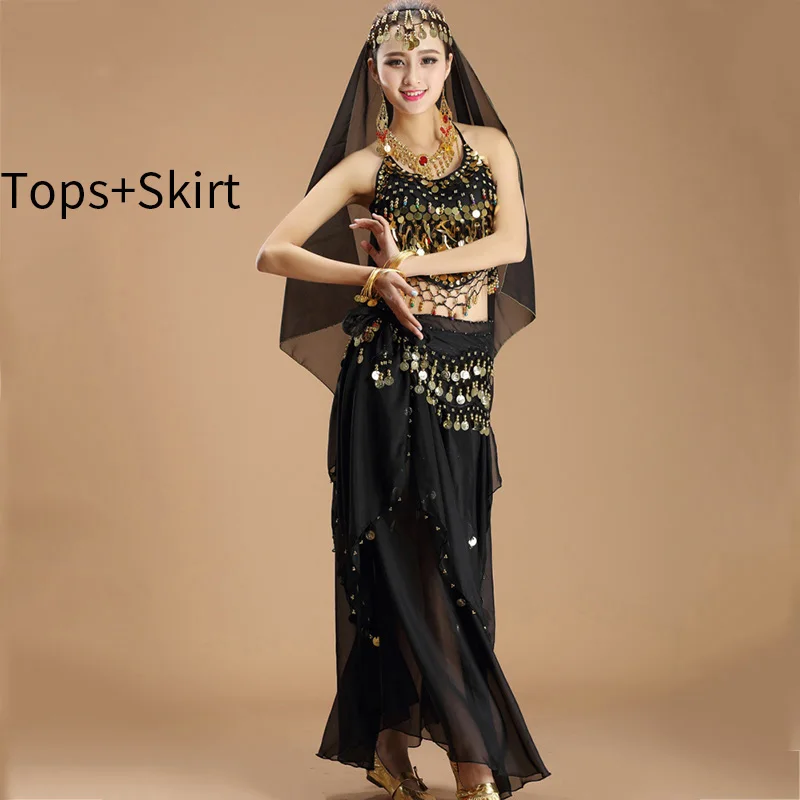 Black 2pc Костюм для танца живота женский Восточный танец леди болливудские Танцы платье индийский танец блестки юбка для танца живота костюм для женщин - Цвет: Black 2pc