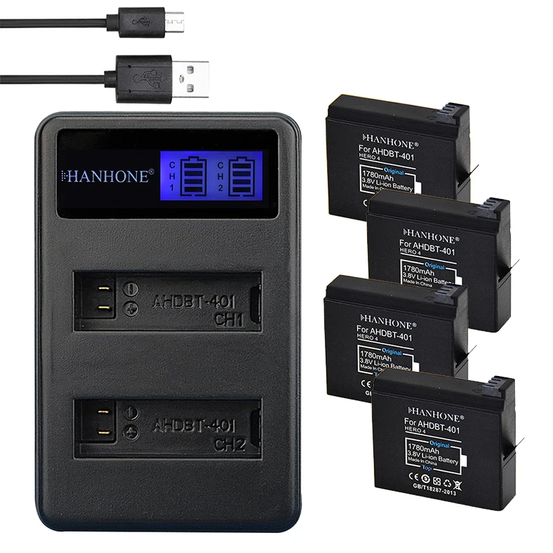 4 шт. 1780 мАч AHDBT 401 + зарядное устройство USB с ЖК-дисплеем для Go Pro AHDBT-401 AHDBT401