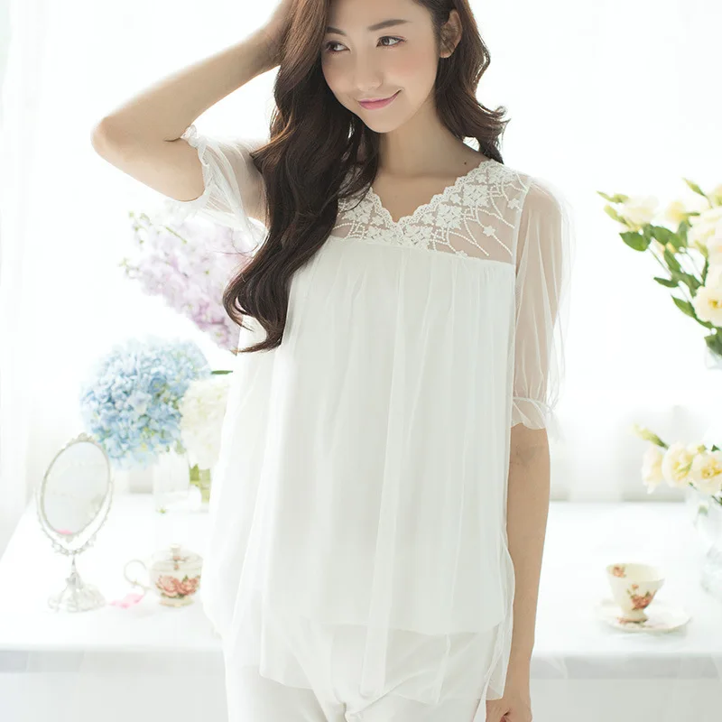 Short-sleeved pants leisurewear suit summer fresh leisure loose semi-permeable v-neck suits | Женская одежда