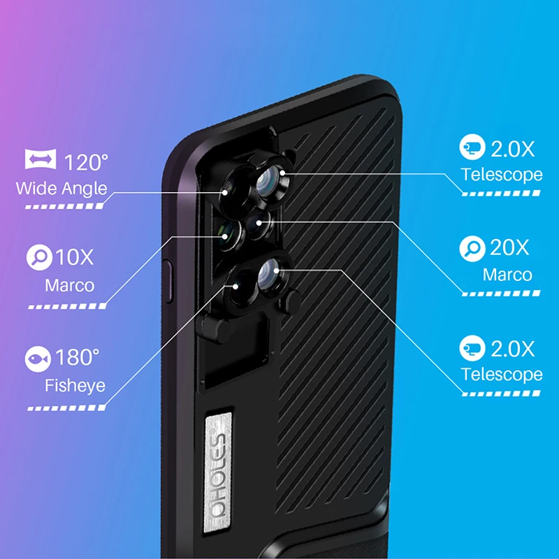 Pholes 6 в 1 объектив для телефона с чехлом iPhone 7 8 Plus Wide Angle10X макрообъектив рыбий глаз