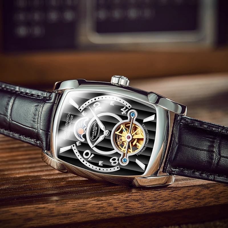Часы скелетоны GUANQIN модные автоматические часы Tourbillon Мужские светящиеся кожаные