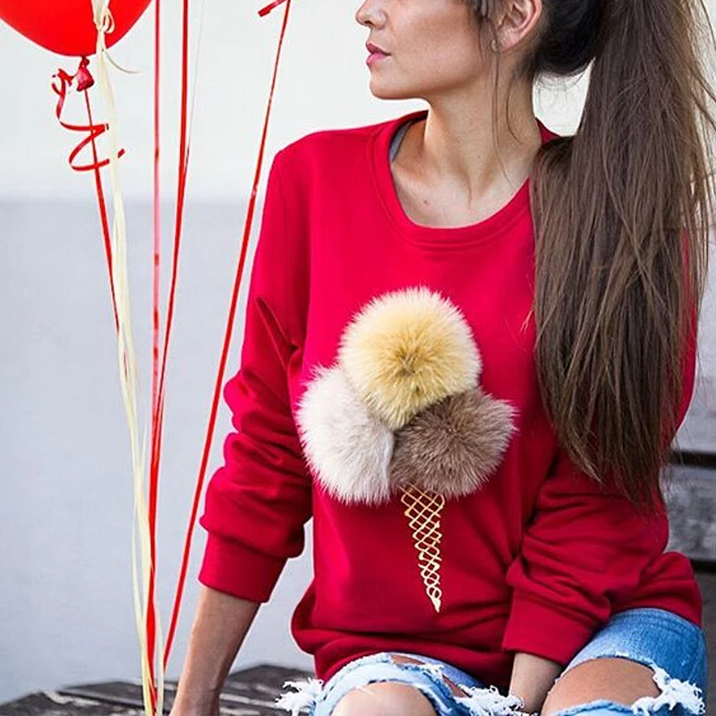 Женская толстовка на весну и осень с меховыми помпонами О образным вырезом без