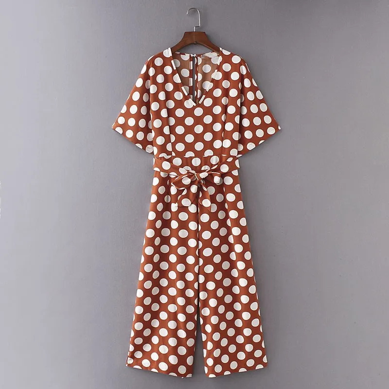 Брюки в горошек с поясом и V образным вырезом|Женские комбинезоны| |