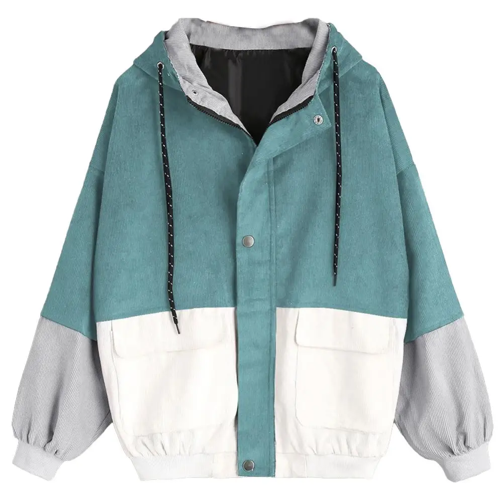 

Women Color Block Oversize Hooded Long Sleeve Jacket Corduroy Windbreaker Coat