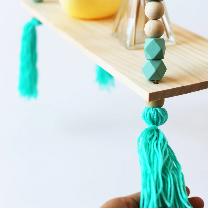 

Creative DIY Nordic Style Children Room Decorative Wall Shelves Wood Clapboard With Tassel Beads Holder Kid Party Storage Rack