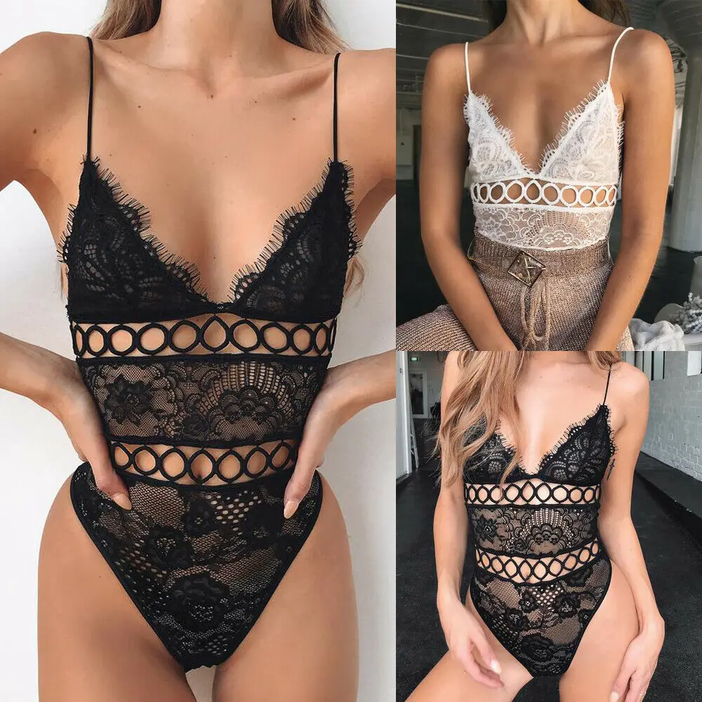 

Sexy Women V Neck Hollow Strappy Bodysuit Lace Up Bandage Bodysuit Leotard Lingerie Romper Tops Jumpsuit