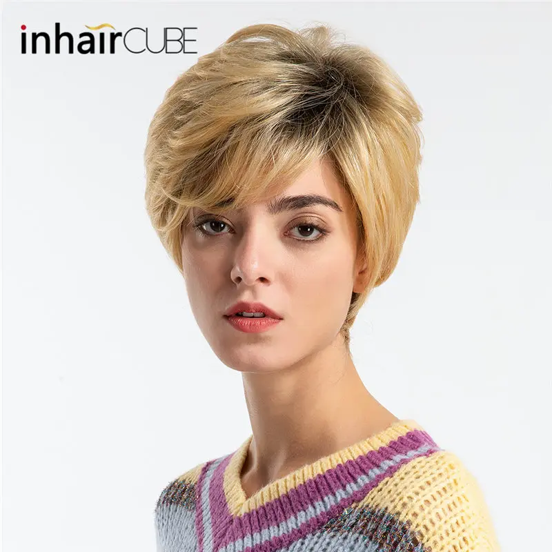 Inhair Cube натуральный Омбре блонд женские парики короткие прямые смешанные