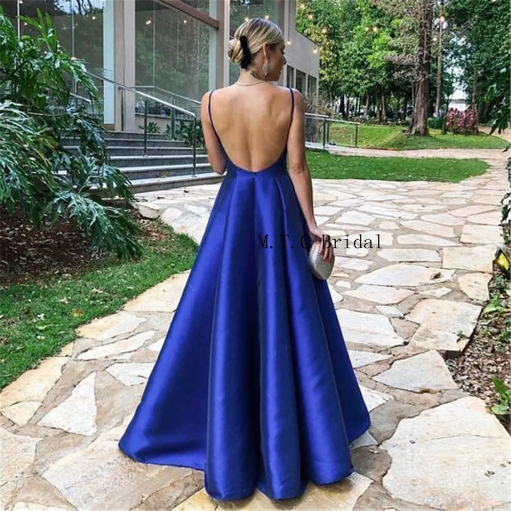 

Sexy Blue Satin Long Formal Evening Dress Sweetheart Spaghetti Strap A Line Floor Length High Quality Prom Gowns 2019 New