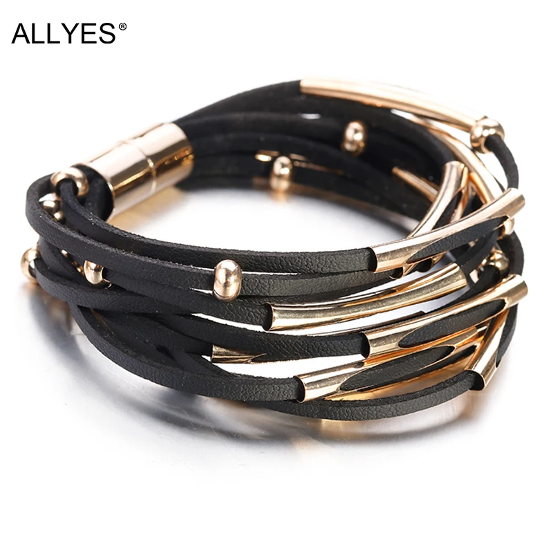 

ALLYES Women Genuine Leather Bracelet Jewelry 2020 Fashion Metal Bar Bohemian Multilayer Wrap Wide Bracelets & Bangles