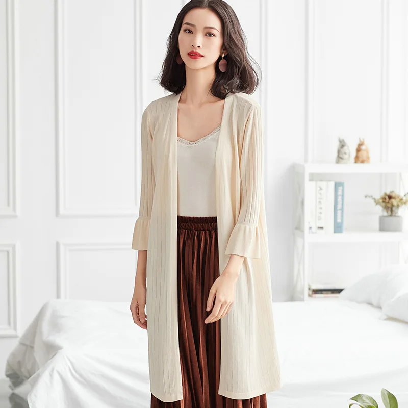 Women Summer Outcoat White Pink Female V-Neck Casual Silk Beach Sunscreen Cardigan New Pagoda Sleeve Thin Long |