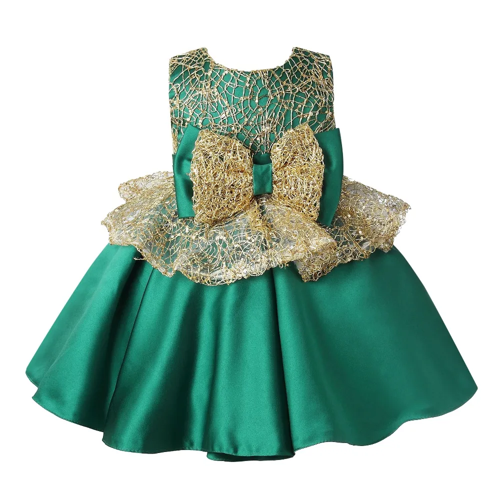 

Newborn Baby Clothes Party Wear Gold Lace Bow Little Dress Cute Baby Girl Baptism Dresses Baby First Birthday Outfits Clothing