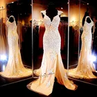 Женское вечернее платье-русалка, белое кружевное платье цвета шампанского с аппликацией и разрезом сбоку, платье для выпускного вечера