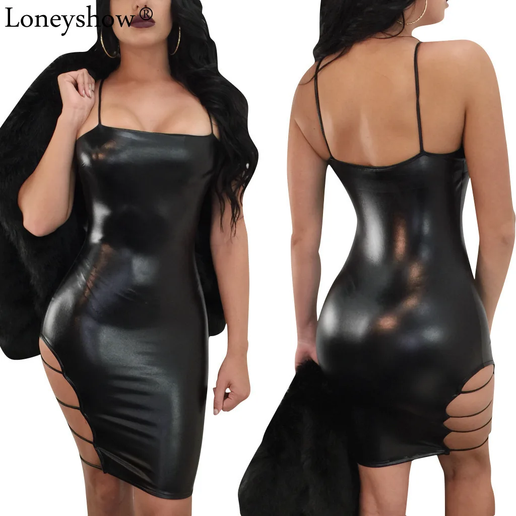 Loneyshow женское сексуальное Клубное черное платье из винила и ПВХ облегающее фетиш