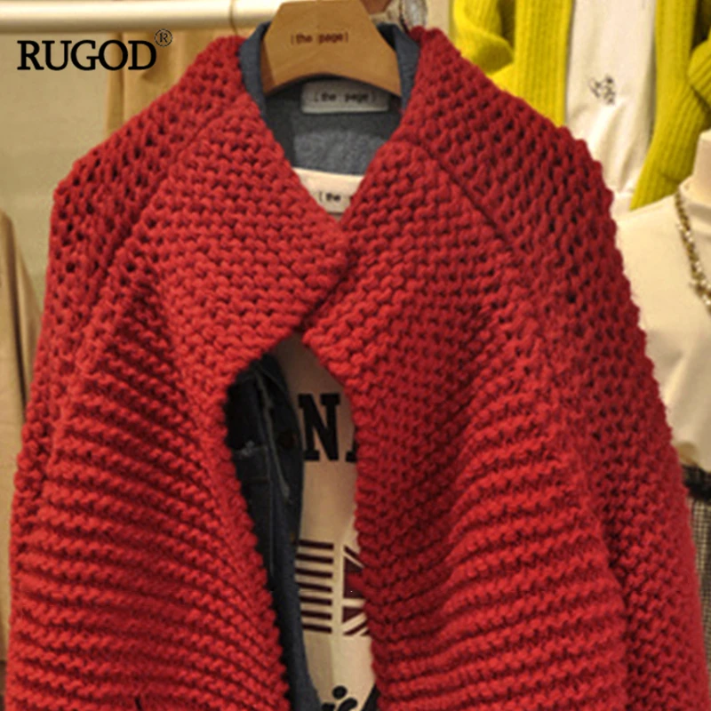 Женский вязаный кардиган RUGOD однотонный красный Асимметричный свободный свитер