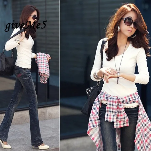 Корея Для женщин хлопок V Средства ухода за кожей шеи Футболка с длинными