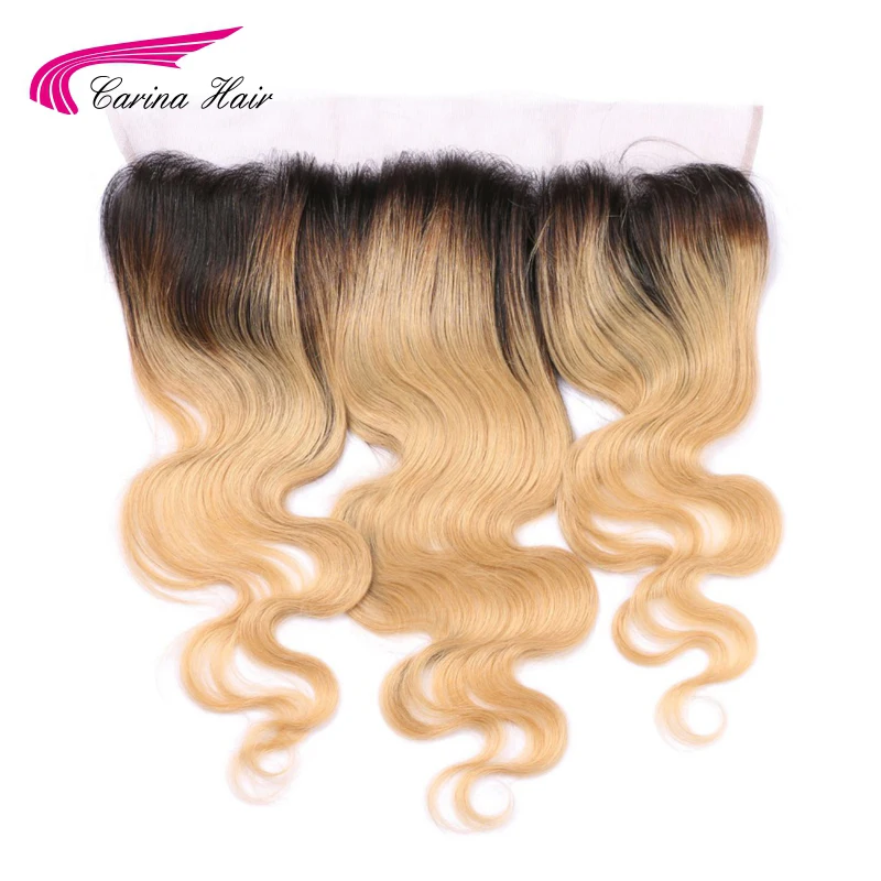 Carina Hair Ombre Color T1B/27# 13*4 Ear to Lace Frontal Closure Swiss Bleached Knots Brazilian Remy Free Shipping | Шиньоны и парики