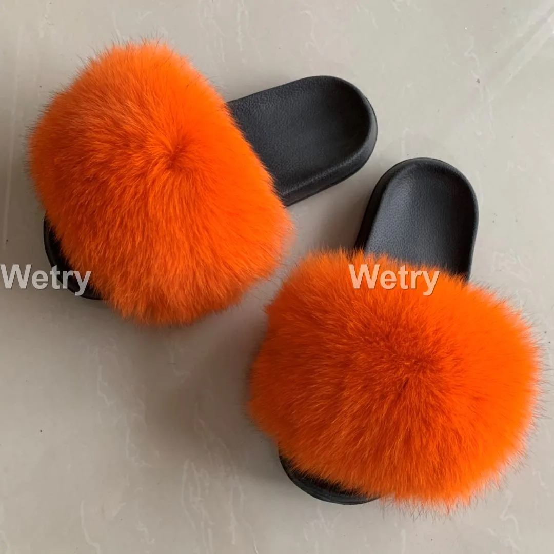 Real Fox Fur Slides Брендовые роскошные меховые тапочки; женские шлепанцы с натуральным лисьим мехом; домашние меховые плоские сандалии женские милые пушистые домашние туфли для женщин - Цвет: Real Fox Fur Slides