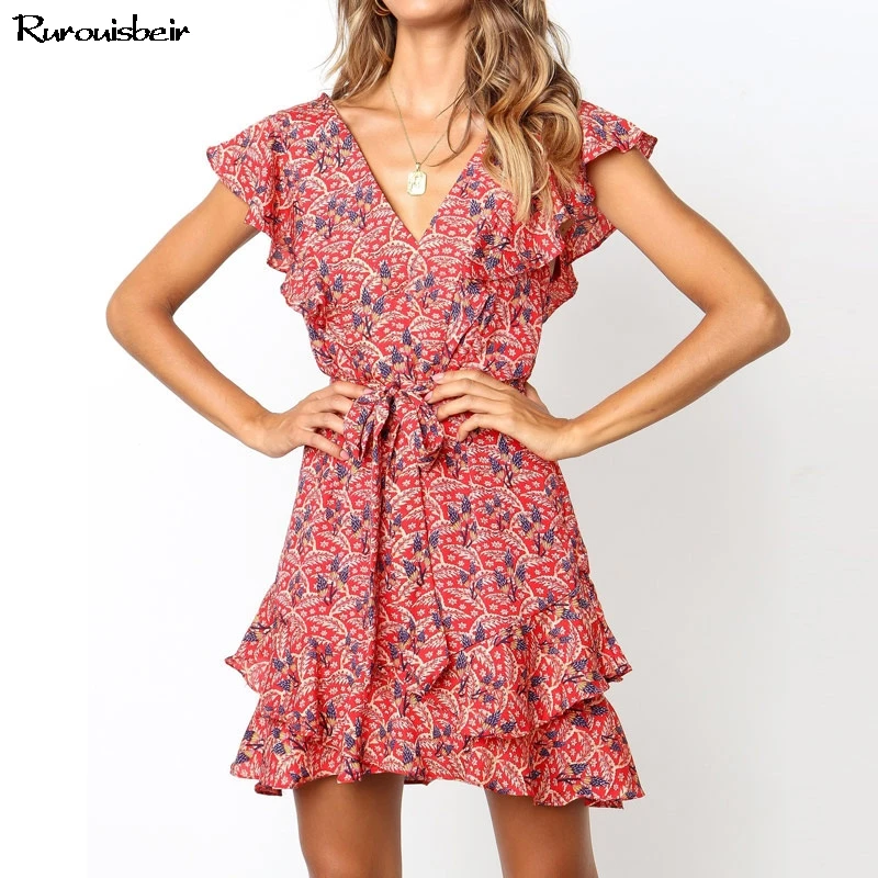 Женское шифоновое пляжное платье с цветочным принтом мини сарафан