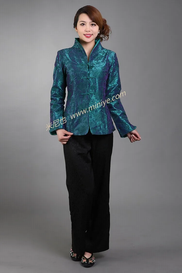 Лидер продаж синяя винтажная Женская шелковая атласная куртка с вышивкой пальто