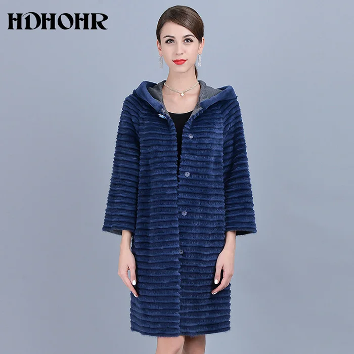 HDHOHR популярная шуба из натурального меха норки, женские шубы из натурального меха с норковым капюшоном, Длинные теплые куртки в полоску, Женская длинная шуба из натурального меха - Цвет: Королевский синий