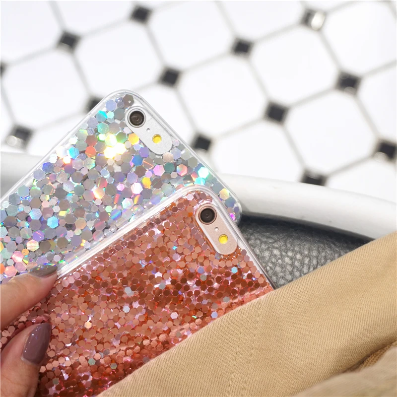 For iPhone X 10 Luxury Shine Pink Silicon Bling Sequins Soft TPU Case 5S SE 6 6s 7 8 Plus Back Phone Cover Capa Funda | Мобильные