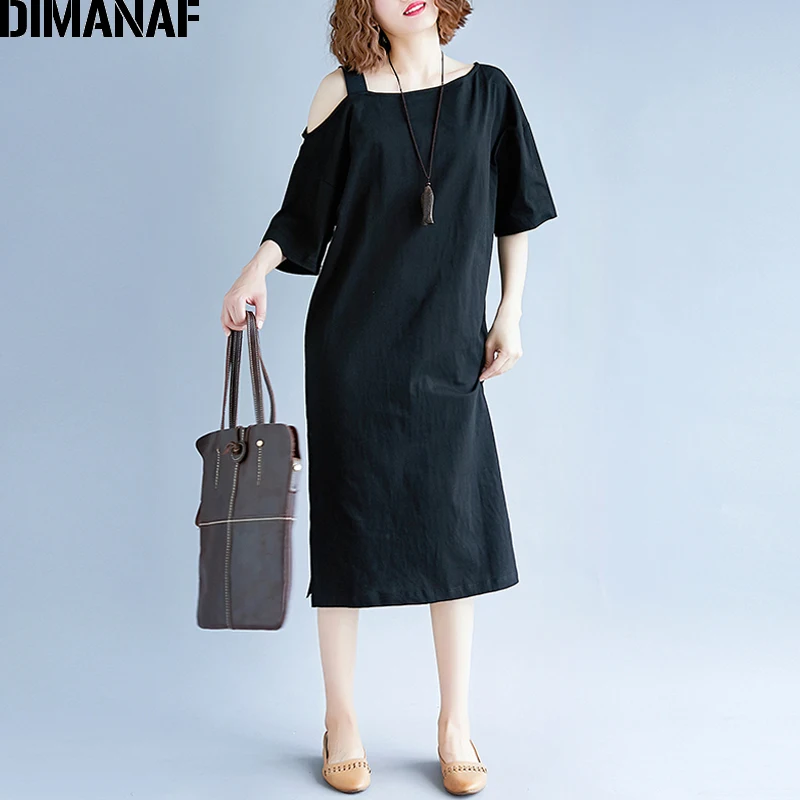 Женское длинное платье из хлопка DIMANAF однотонное черное с открытыми