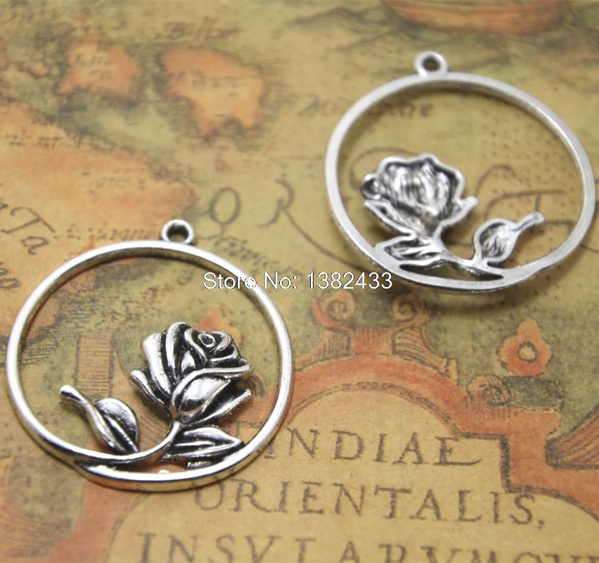 

8pcs beauty and the beast Rose Charms silver round rose charm pendant 36x34mm