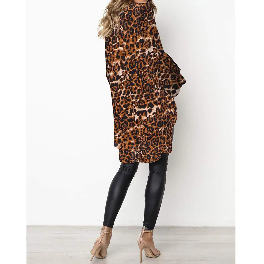 Yiwa Women Sexy Leopard Printing Long Bubble Sleeve Round Neck Irregular Casual Shirt Ladies Tops Plus Size |